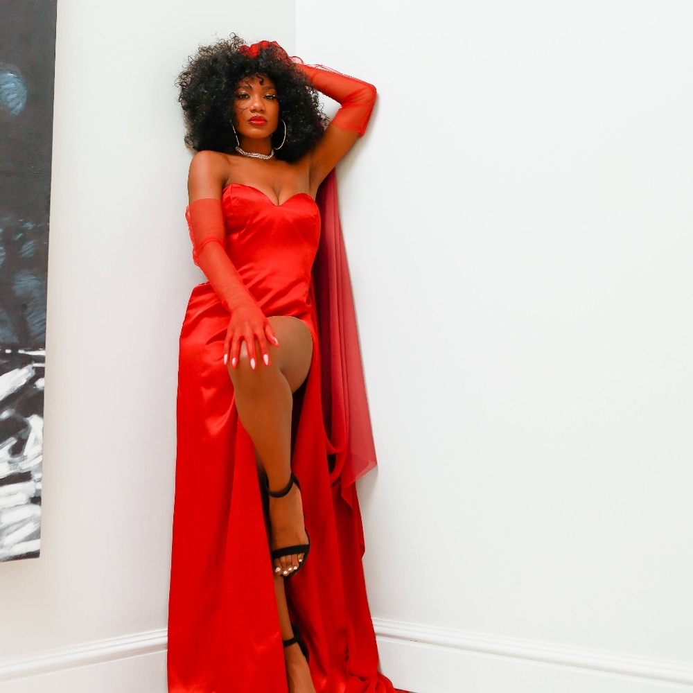 Red Satin Formal Gown with Chiffon Train